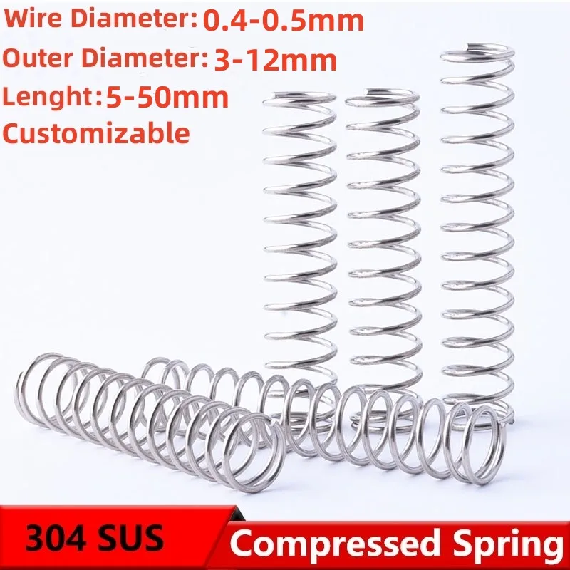 

304 Stainless Steel Compression Spring Return Spring Steel Wire Diameter 0.4~0.5mm Outside Diameter 3~10mm 10 Pcs