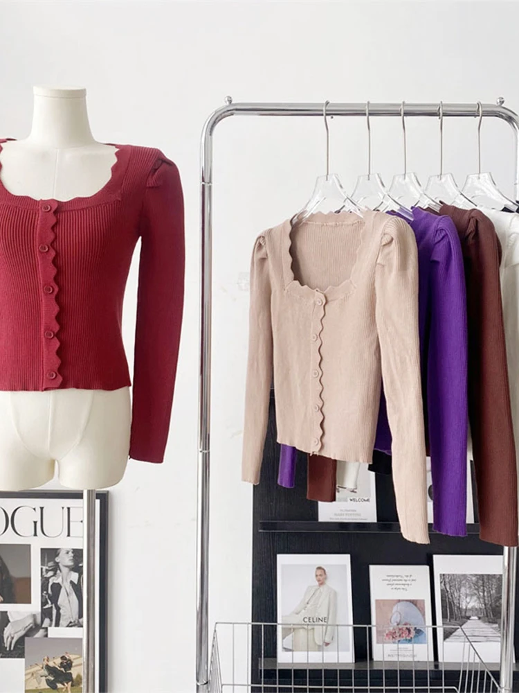 

Женский трикотажный пуловер с квадратным вырезом, однотонный плиссированный свитер с длинным рукавом в винтажном Корейском стиле, Осень-зи...