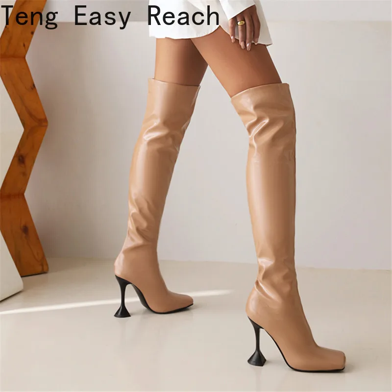 

Новые модные женские сапоги выше колена сапоги на не сужающемся книзу массивном каблуке 2022 г. Зимняя пикантная обувь выше колена на высоком каблуке без шнуровки сапоги с квадратным носком