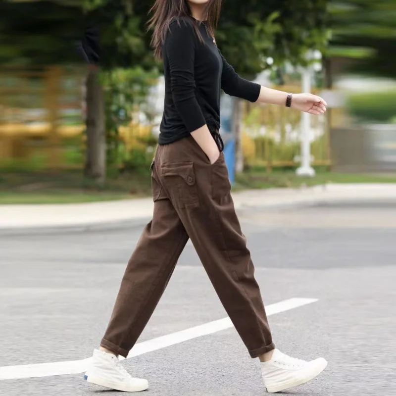 

Women Cargo Pants Vintage Wide Leg Sweatpants Y2K Elastic Mid waist Streetwear Pants Female Pockets Trousers Joggers Overalls
