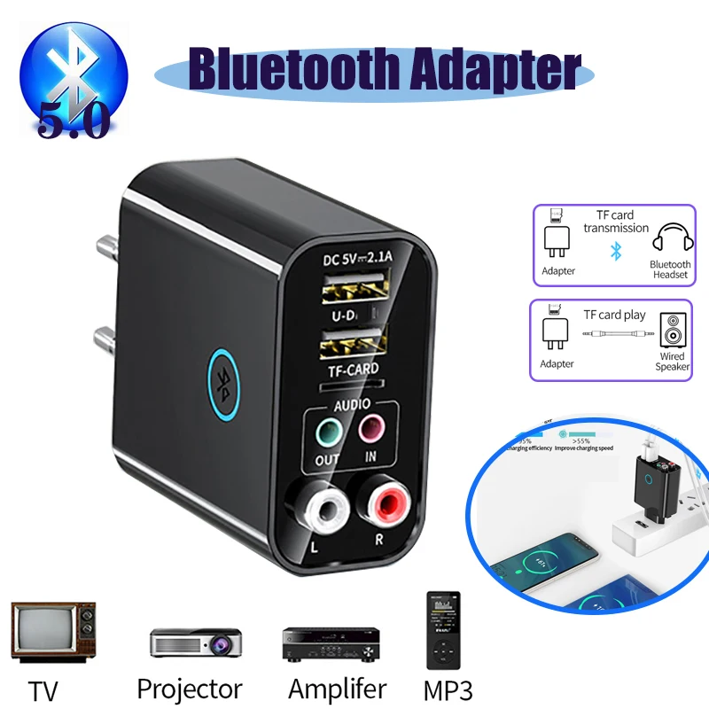 

2 In 1 Bluetooth 5.0 Transmitter Receiver Wireless Stereo Music Audio Adapter 3.5mm Aux USB Charger Dual Support APP TF Player