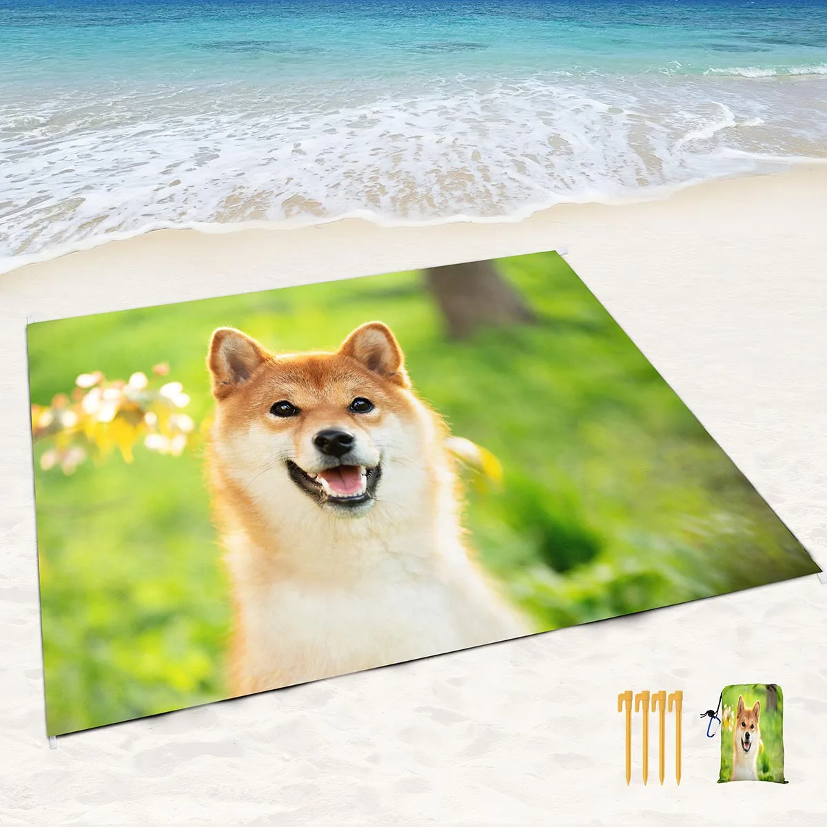 

Cute Shiba Inu Print Sand Proof Beach Blanket Water Proof Mat with Corner Pockets and Mesh Bag for Beach Party,Travel,Camping