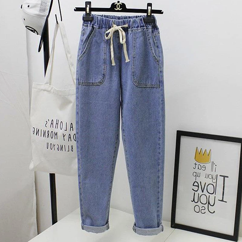 Spring Autumn Women Jeans Cotton Soft Drawstring Straight Pants Elastic Waist Vintage Korea Casual Trousers Women Plus Size S-2X