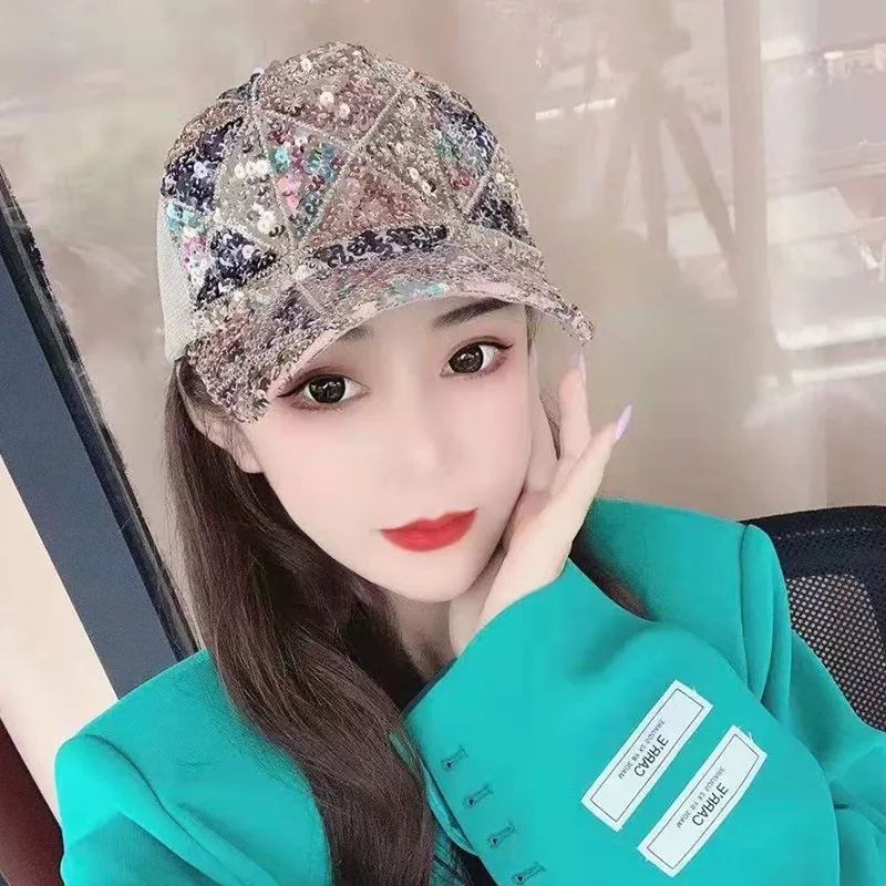 

Summer Mesh Baseball Cap for Women Rainbow Sequins Paillette Bling Baseball Cap Adjustable Hats for Girls Party Club Gathering