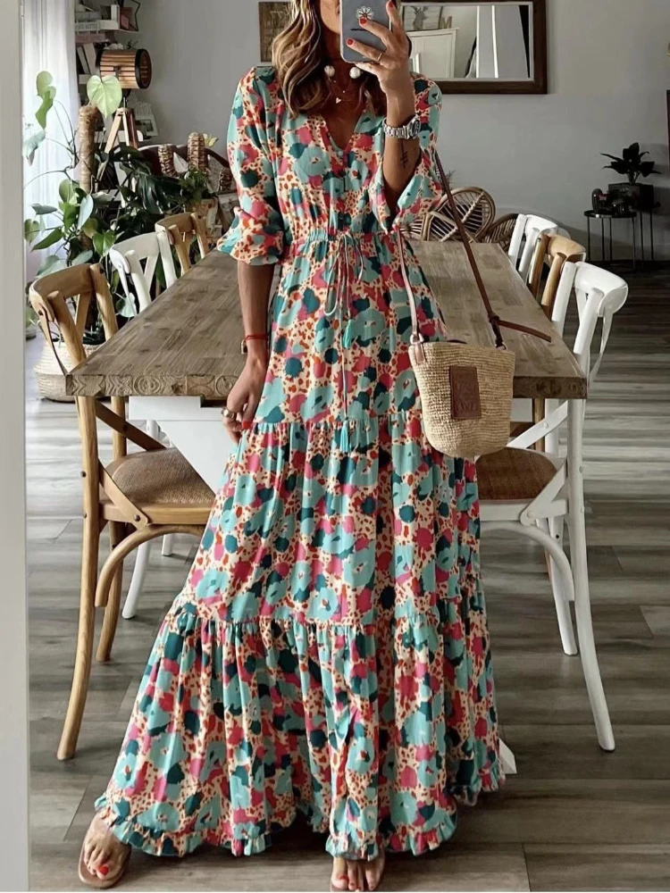 

Summer Dress 2023 New Print V Neck Sexy Long Dresses Oversized Women Clothing Vintage Dress Beach Party Dresses Robe Streetwear