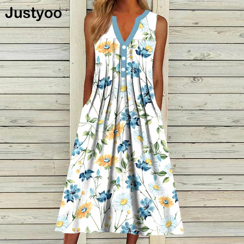 

2022 Boho Vintage Button A-Line Pullover Dress Summer Pattern Print Loose Dress Women Casual V Neck Sleeveless Vest Midi Dresses