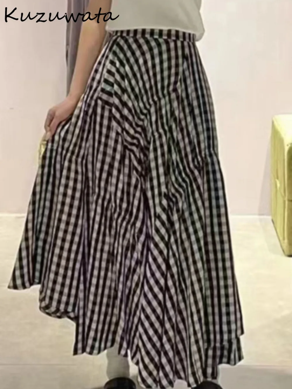 Новая юбка Kuzuwata в клетку средней длины с высокой талией подходящая ко всему