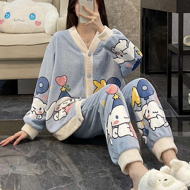 2Pcs Top Pants Autumn Winter Flannel Warm Cardigan Cartoon Pajamas Set Women Home Suit Sleepwear Fleece Velvet Thicken Nightwear