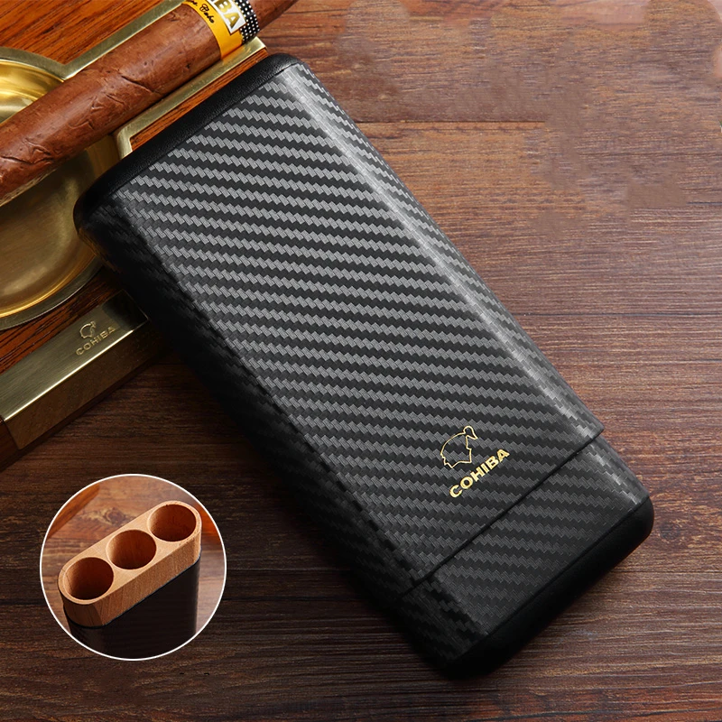 

2021 NEW COHIBA Carbon Fiber Leather 3 Tube Wooden Cigar Case Travel Humidor Cedar Wood Cigar Holder CE-014a