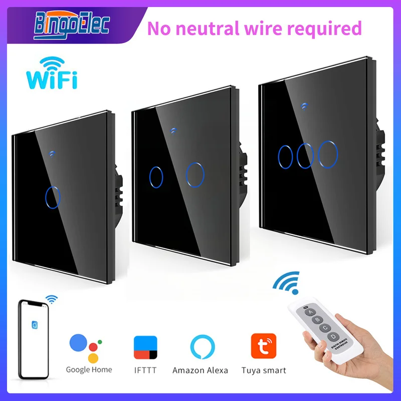 

Light RF433 WiFi Switches No Neutral Smart Touch Switch Work with Tuya Google Home 1/2/3Gang glass panel Smart Home Bingoelec