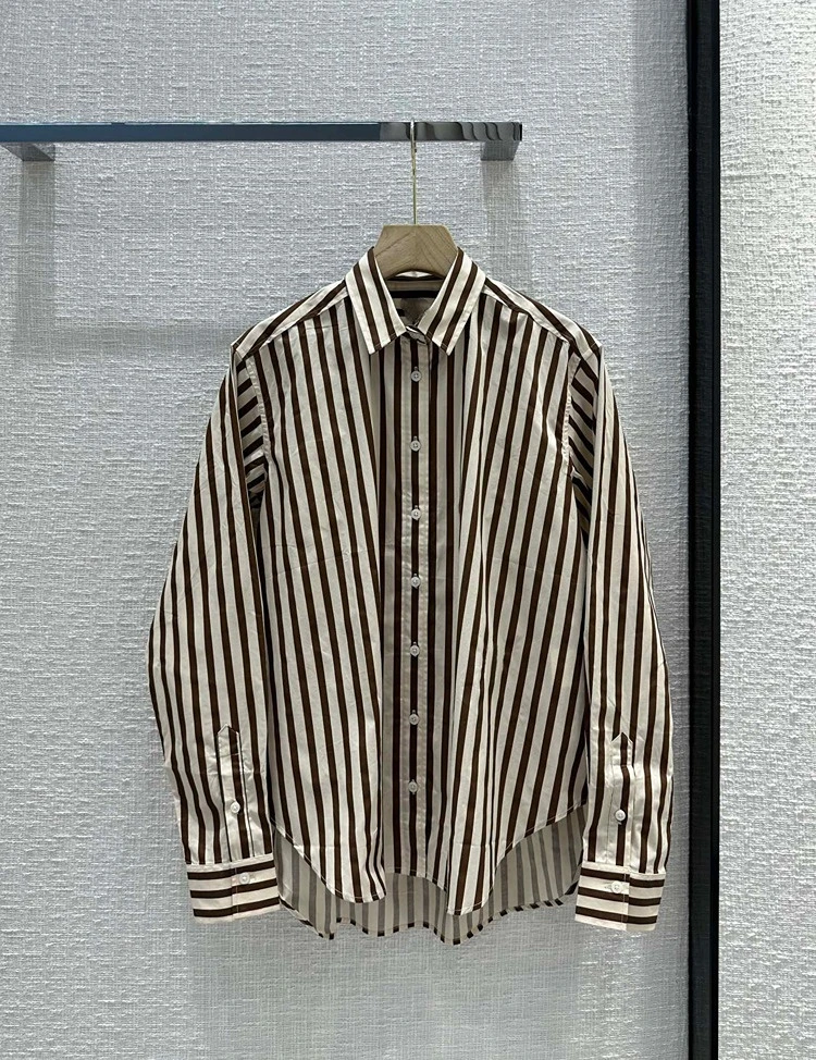 

High-end Loose Shirt Women's Casual Slouchy Art Hong Kong Style Vertical Stripe Long Sleeve Shirts