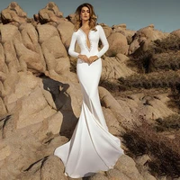 simple long sleeves v neck mermaid wedding dress wide illusion backless button decoration bridal gown elegant vestido de novia