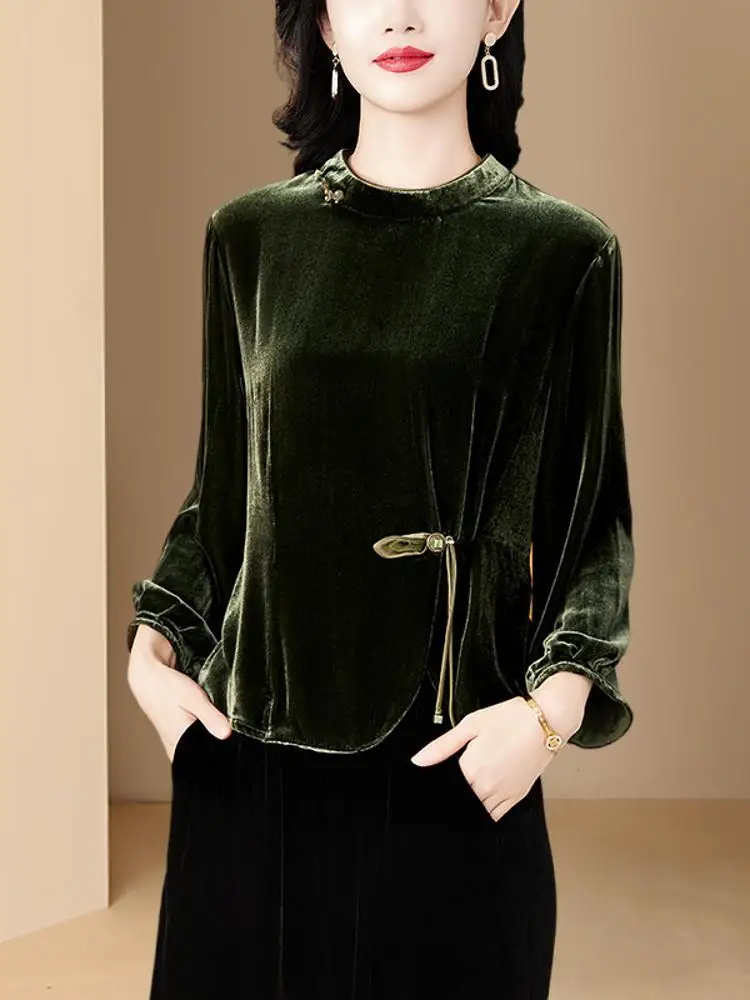 Plus Size Women clothes Base Half-high Collar Loose Spring and Autumn T-shirt 2024 New Silk Gold Velvet Top Middle-Aged Mothe...