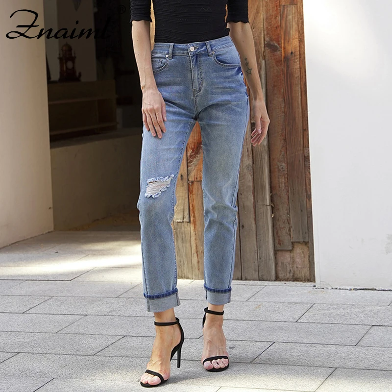 

Znaiml Blue Rolled Jeans for Women High Waist Stretch Pencil Pants Mom Summer Fashion Street Cotton Denim Elastic Ripped Trouser