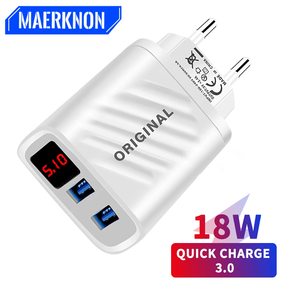 

18W Quick Charger 3.0 USB Charger for iPhone 12 13 Pro Max Airpods Xiaomi LED Digital Display Wall Phone Fast Charging Charger