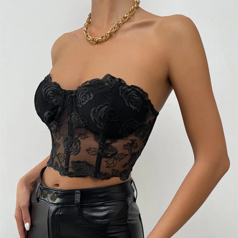Womens Bustier Crop Tops Embroidery Flower See Through Off Shoulder Tank Vintage Harajuku Fairy Grunge Emo Alt Corset Top |