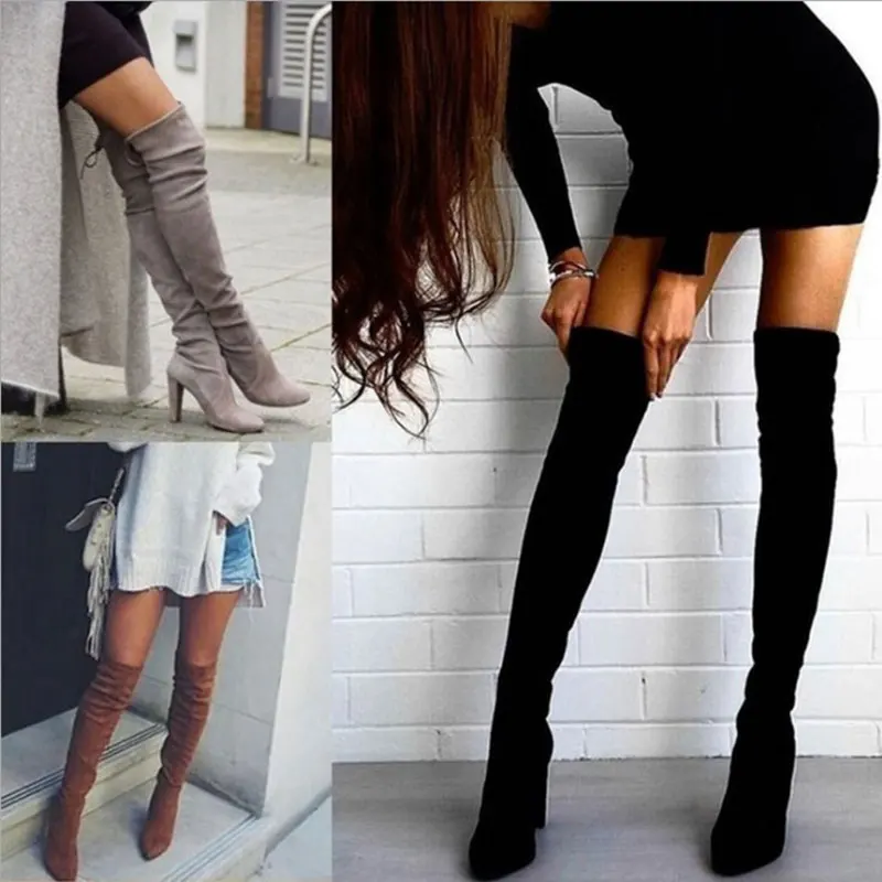

2022 Sexy Party Boots Fashion Suede Leather Shoes Women Over the Knee Heels Boots Stretch Flock Winter High Boots botas Feminino