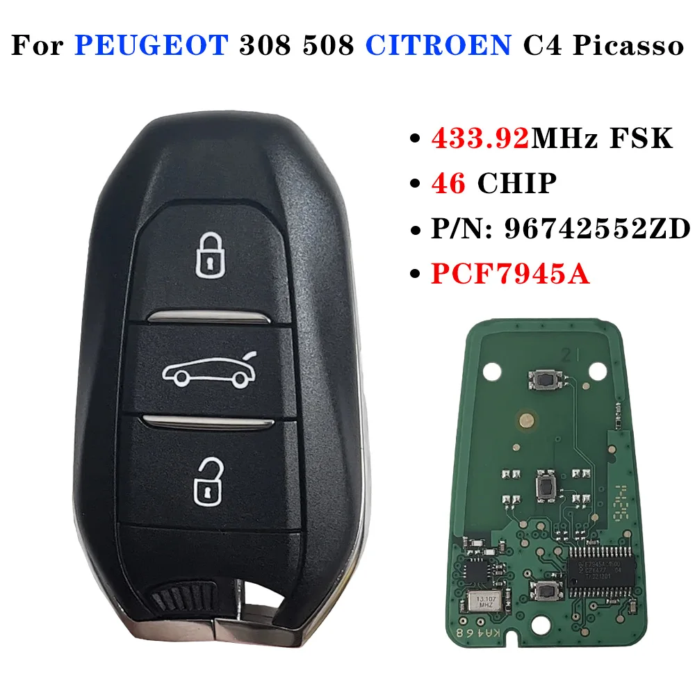 

PCF7945 433 МГц 3-кнопочный смарт-ключ ID46 без ключа для PEUGEOT 308 508 CITROEN C4 DS4 DS5 Picasso 2010 2012 2014 2015 2016