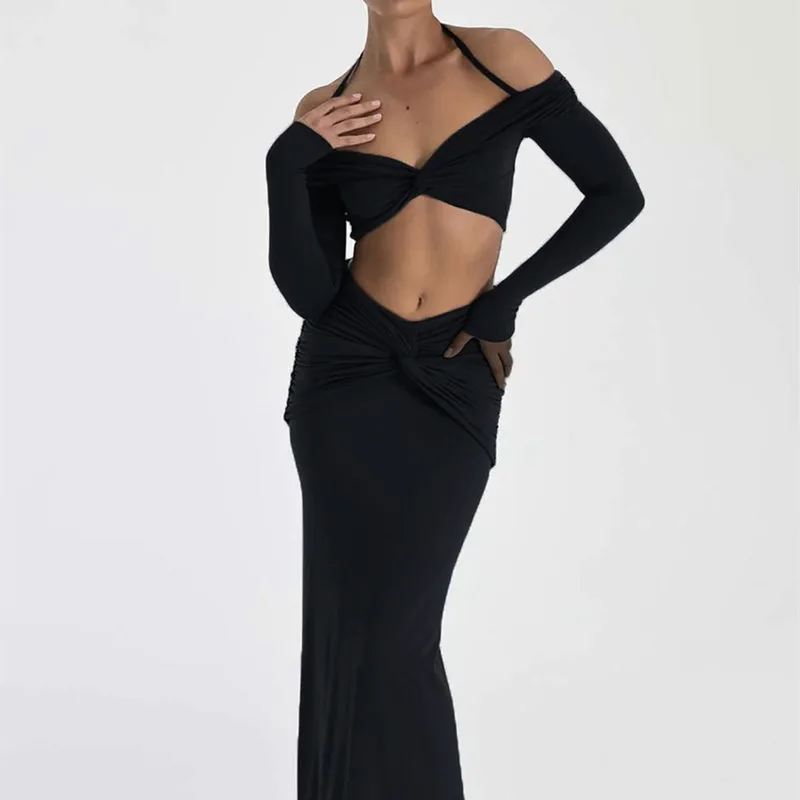 

2023 Summer Two Piece Set For Women Fashion Suit Sexy Cutout Club Party Vestidos Long-Sleeved Top Long Skirt Set Outfits traf