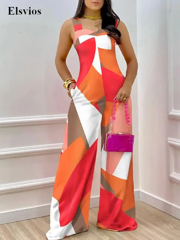 

2022 Повседневный Свободный Прямой брючный комбинезон, женский модный комбинезон с блочным принтом, сексуальный офисный женский комбинезон ...