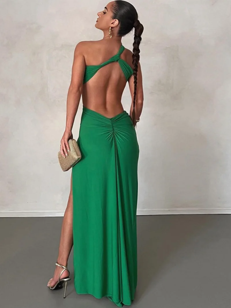 

Fashion Green Black Dress 2023 New Diagonal Neck Cutout Long Summer Dress Open Back Sexy Dress Women's Party Evening Dress