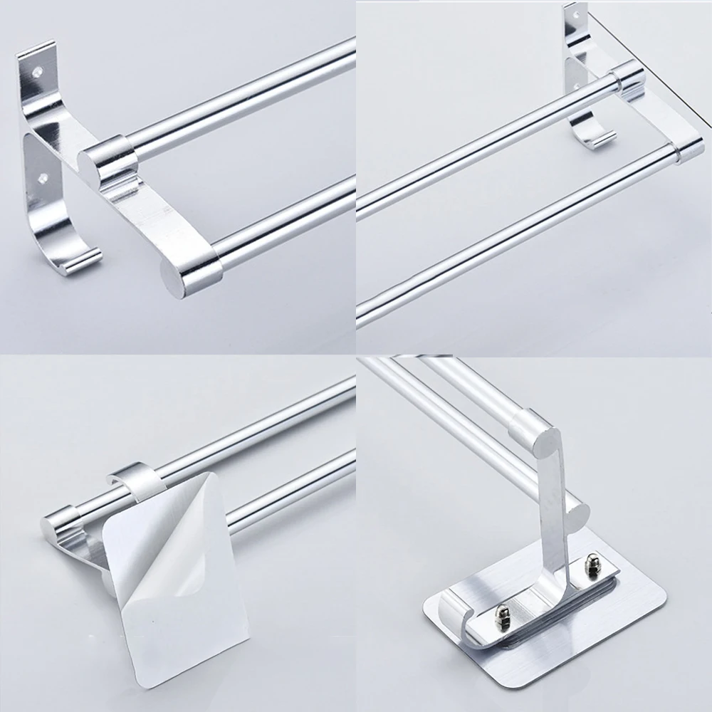 towel hanger bars 40 60cm 2 pole punch free shower clothes hanging wall rack silver aluminum holder hook bathroom accessories free global shipping