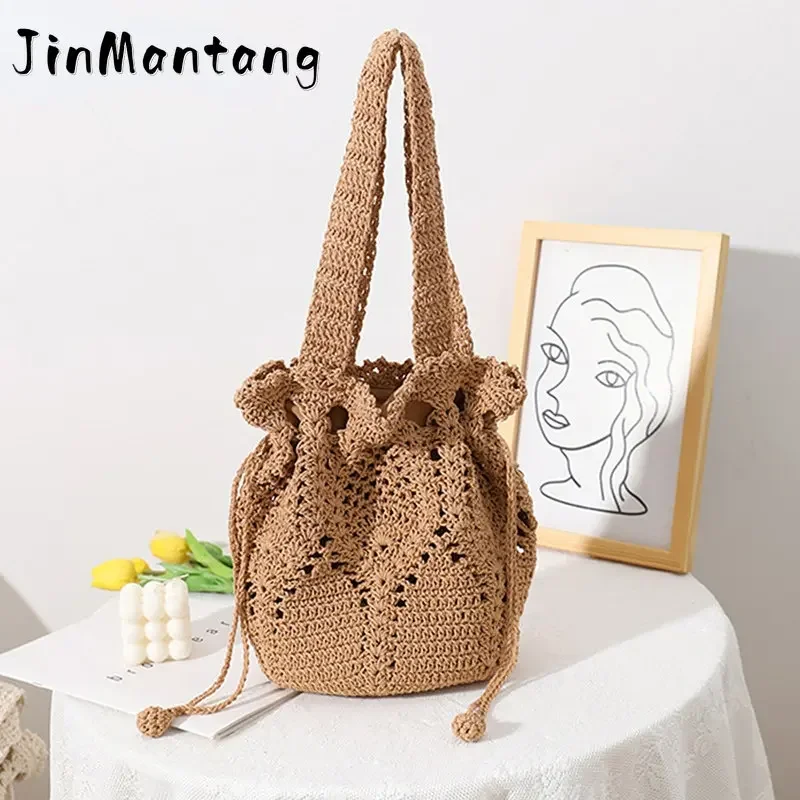 

Summer Beach Bag For Women Mesh Rope Weaving Bucket Shopper Totes Reticulate Hollow Bag Ladies Shoulder Bags Fashion Handbag