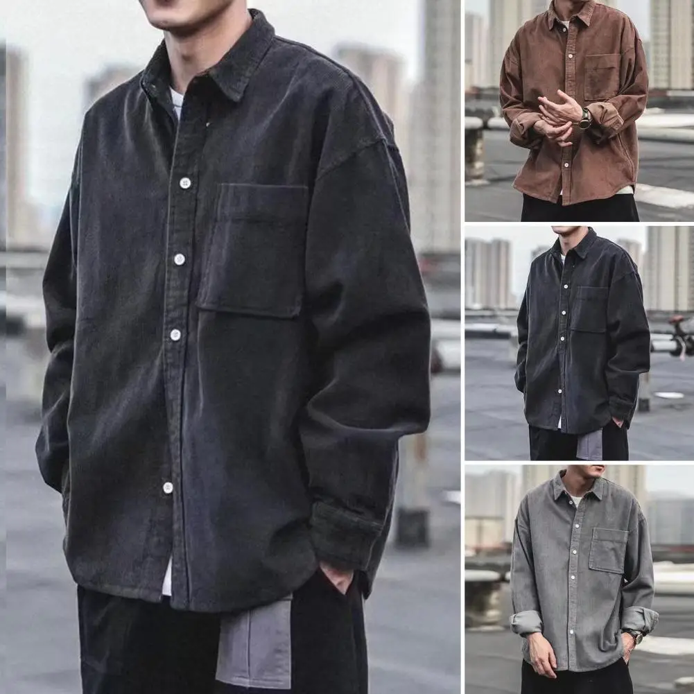 

Chic Men Autumn Shirt Lapel Warm Patch Pocket Single-breasted Autumn Coat