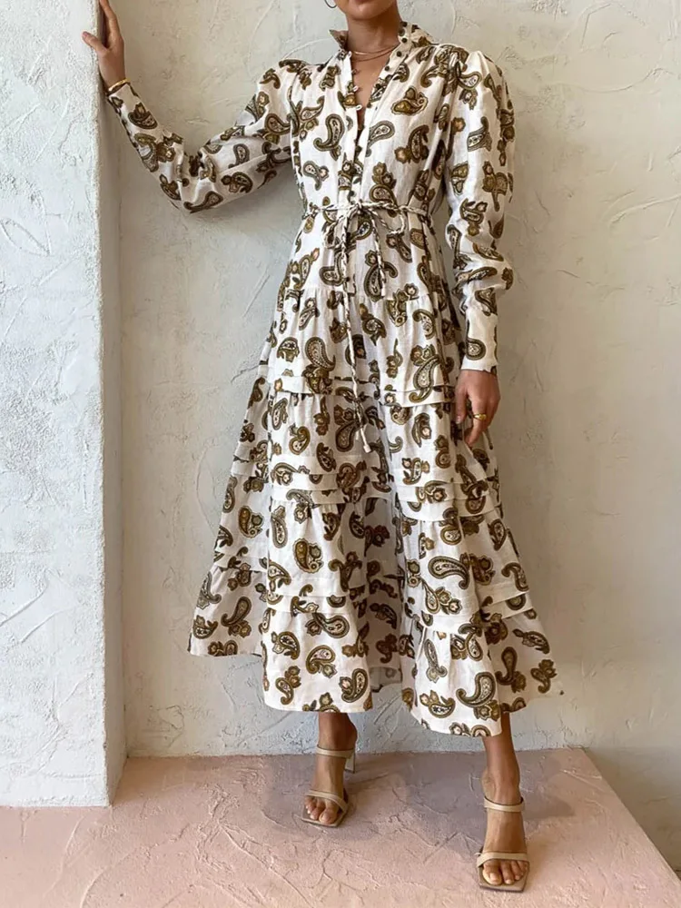 

Женское платье с V-образным вырезом и винтажным принтом, кружевное свободное платье длиной до щиколотки с длинным рукавом, повседневные Мак...