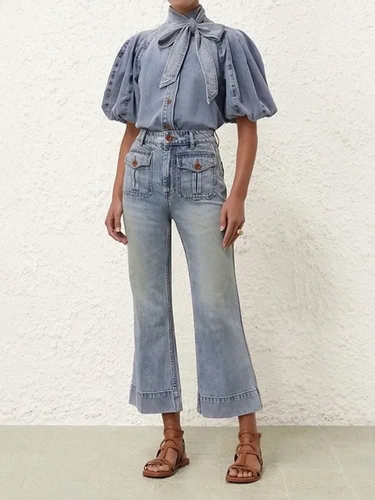 Элегантная женская джинсовая рубашка с пузырьковыми рукавами и бантом