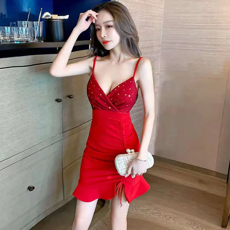 

Sexy Women's New Style Sling V-neck Low-cut Tight-fitting Slimming Drawstring Folds Bag Hip Sexy Dress Party Dress Sexy & Club