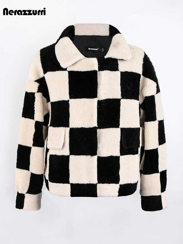 

Nerazzurri Winter Short Checkerboard Fluffy Thick Warm Soft Real Fur Coat Women Long Sleeve Loose Lamb Wool Shearling Jacket