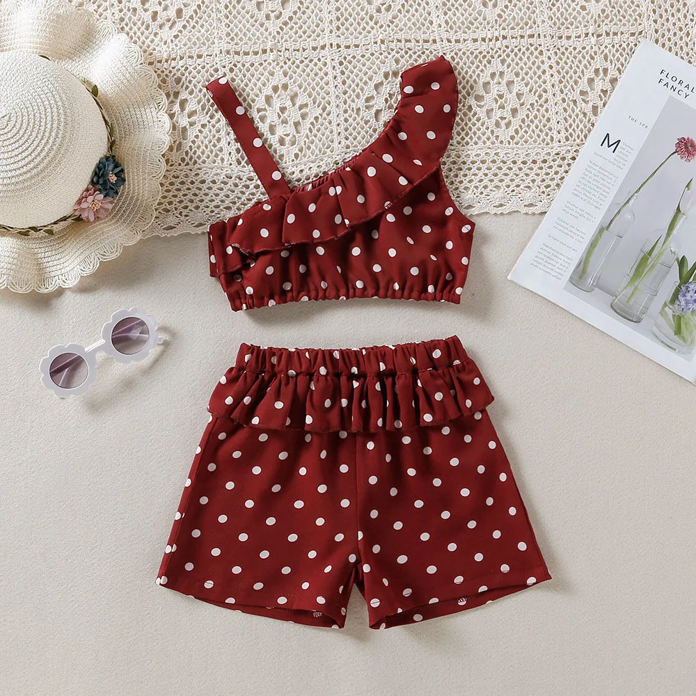 

Casual Toddler Girl Summer Clothes New Fashion Suspender Top and Shorts Two-piece Set Polka Dot Kids Boutique Clothing 2-6Y