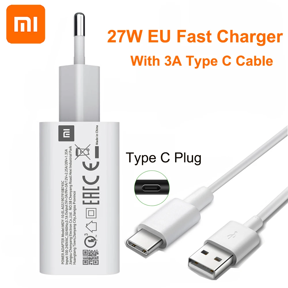 

Xiaomi Original Quick Charger EU 27W QC 4.0 Turbo Charger Type-C Cable For Mi 9 SE Mi9 Mi10 Pro Redmi Note 8 K20 K30 Pro MIX 3