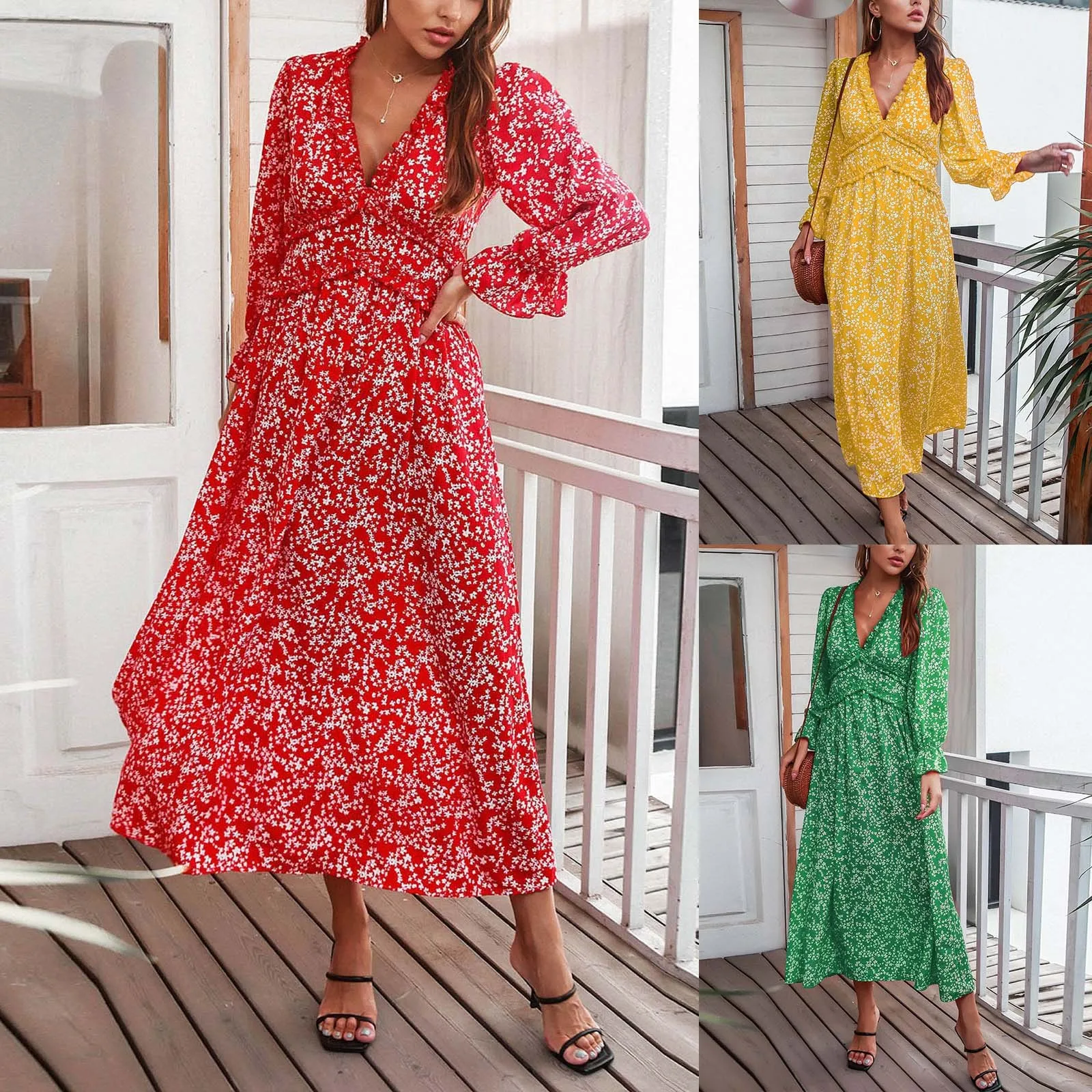 

Women's Floral Print Boho Dress Long Sleeve Wrap V Neck Ruffle Belted Size Work Dress Rare Dress Maxi Dress Long Sleeves