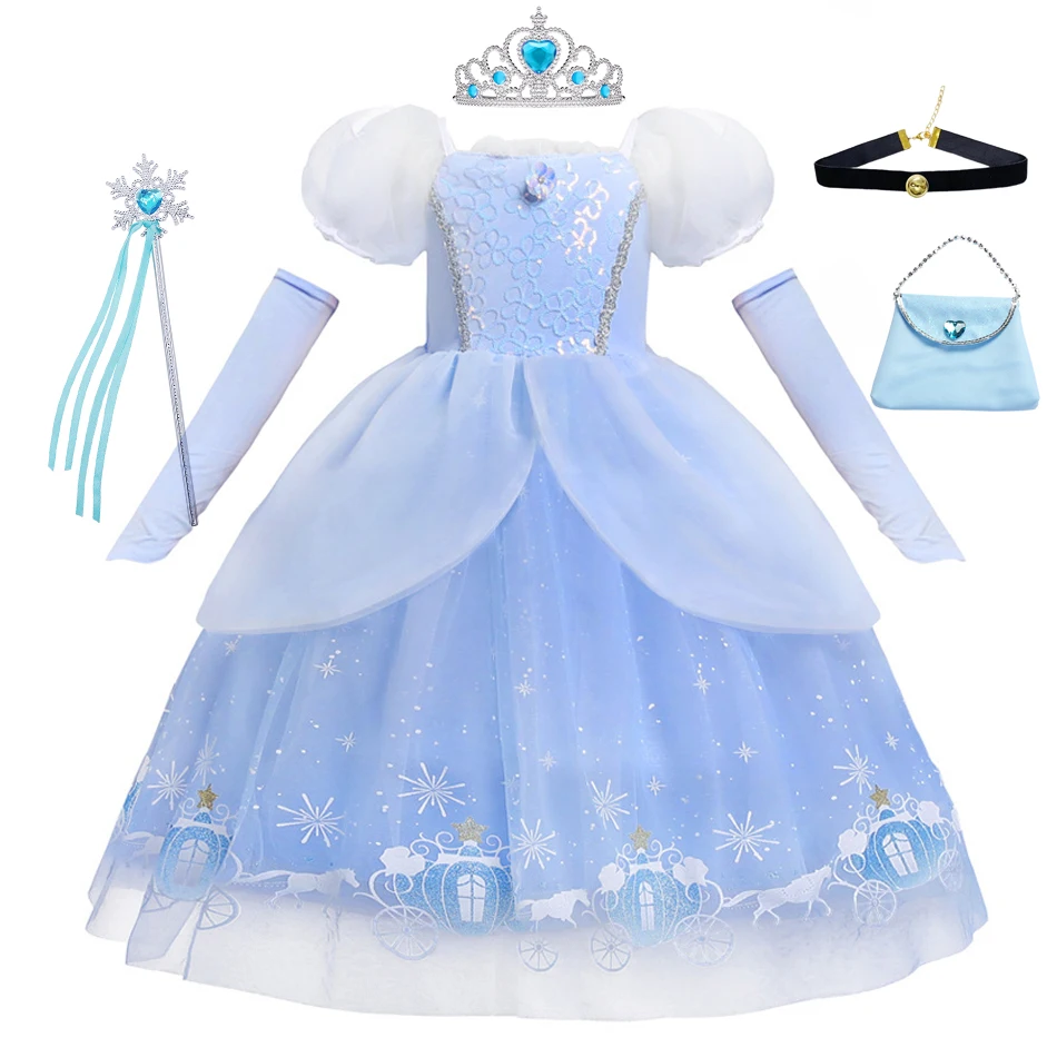 Disney Cinderella Princess Cosplay Dress for Girl Kids Ball Gown Sequin Carnival TUTU Puff Mesh Clothing for Birthday Gift