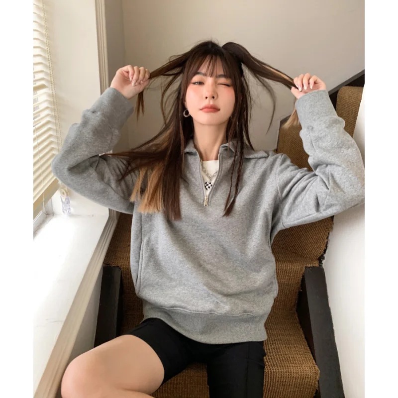

Женская винтажная Толстовка с длинным рукавом, однотонный серый Мешковатый свитшот с воротником-поло, Повседневный пуловер в Корейском стиле, Y2K, осень 2023
