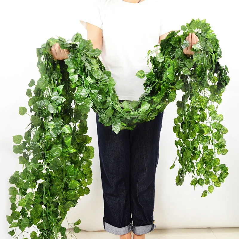 2.1M Artificial Plant Green Ivy Leaf Garland Silk Wall Hanging Vine Home Garden Decoration Wedding Party DIY Fake Wreath Leaves 