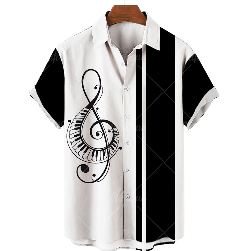 Black White Summer Men And Women Short Sleeve Music Graphic 3D Print Shirt Casua Polyester Loose Turn Down Collar Men Tops 5XL