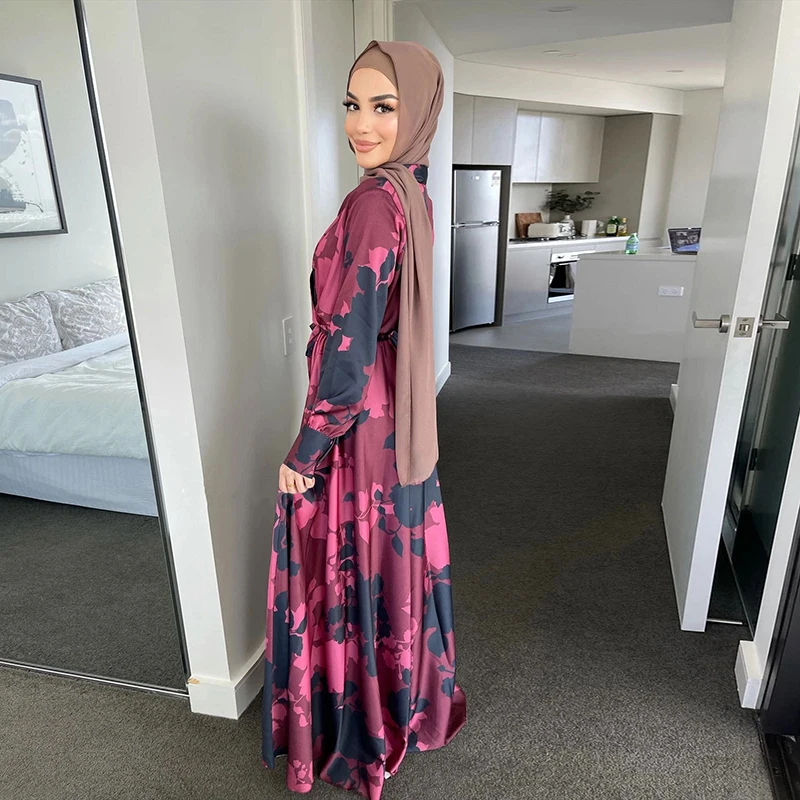 Eid Ramadan Malaysia Muslim Dubai Dress Women 2022 Maxi Long Sleeve Print Abaya With Belt Traditional Arabic Moroccan Lady Dress