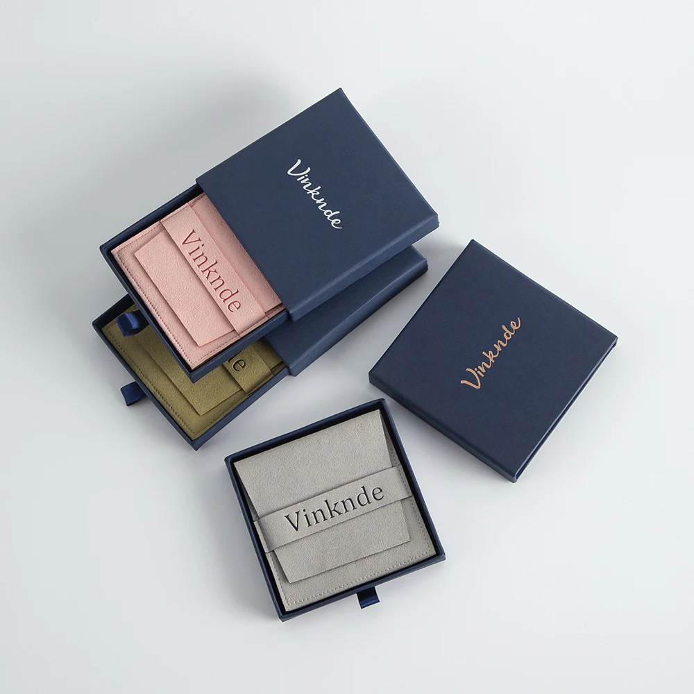 Blue Paper Box Custom Logo Jewelry Packaging Boxes Case Sliding Drawer Necklace Bracelet Organizer Box Gift Suede Bags Pouches