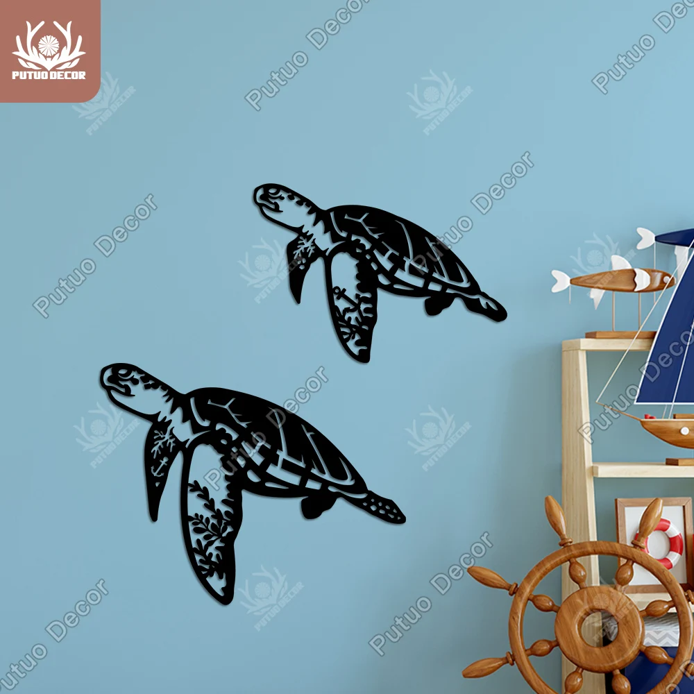 

Putuo Decor Sea Turtle Black Wooden Wall Art Nautical Wood Plates Painting Hanging for Housewarming Gift Summerhouse Beach House