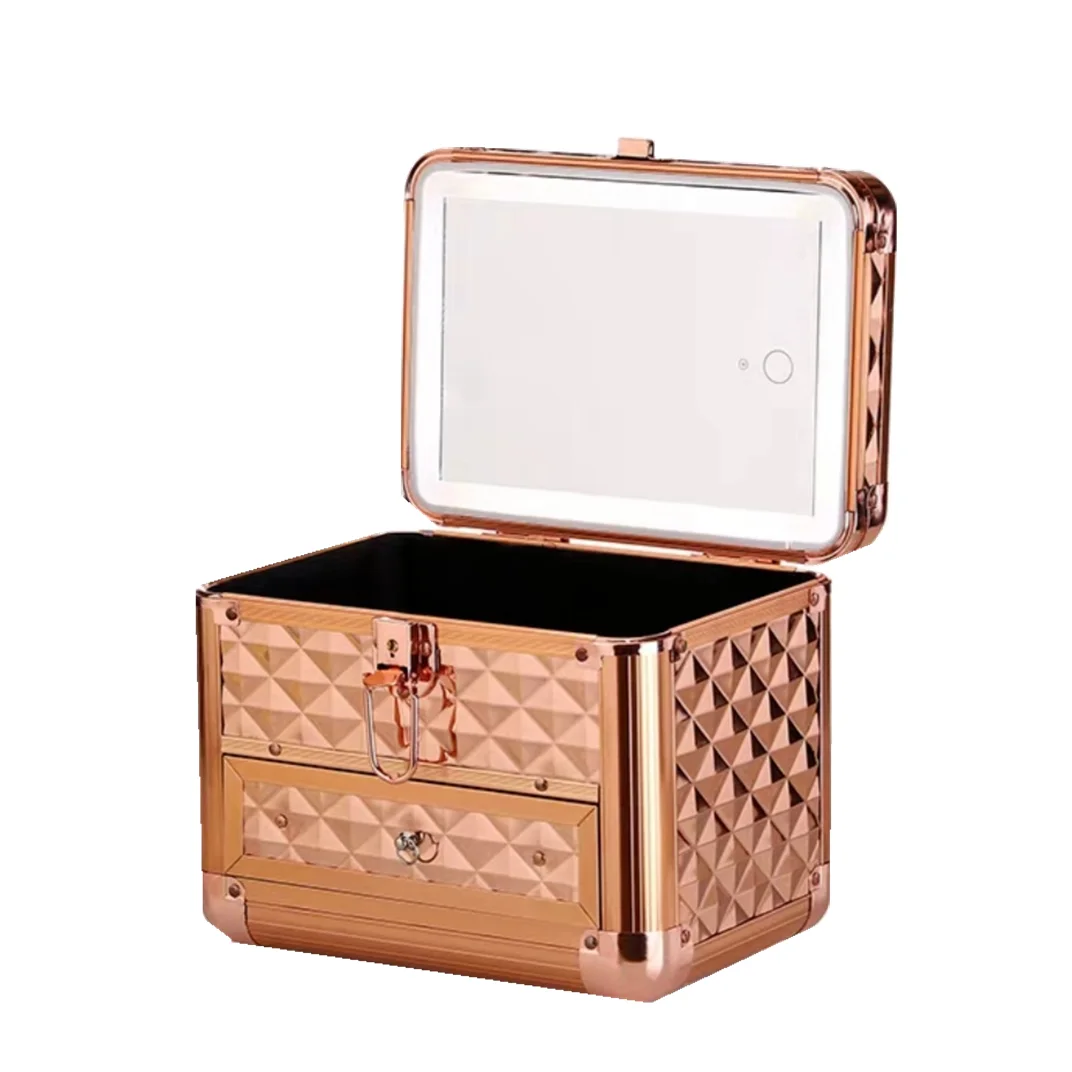 Professional Makeup Box Aluminum Alloy Make Up Organizer Women Cosmetic Case with LED Mirror Travel Large Capacity Suitcase Bag