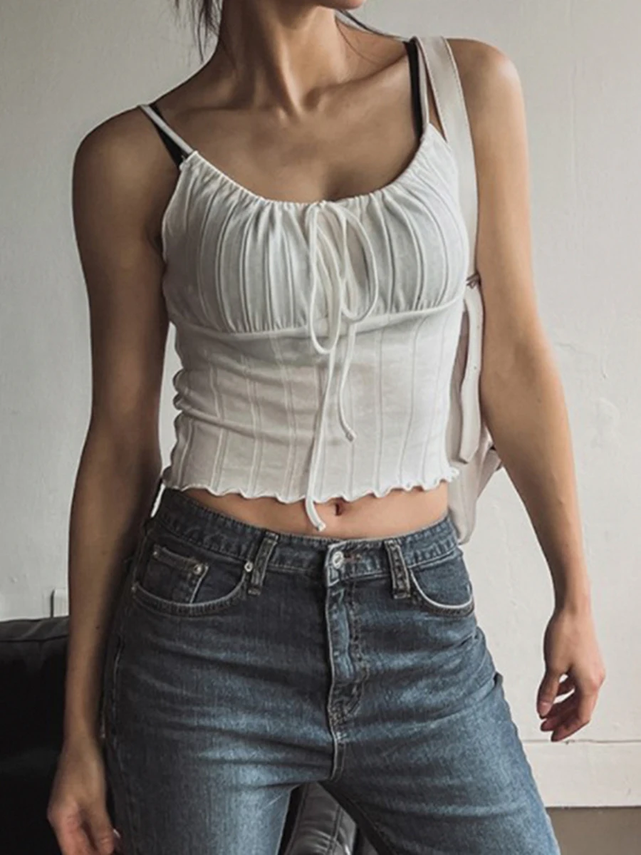 

Y2K Women Camisole Spaghetti Straps Crop Tops Sexy Tie Up Solid Slim Fit Shirts Summer Sling Camis Party Female Tanks Streetwear