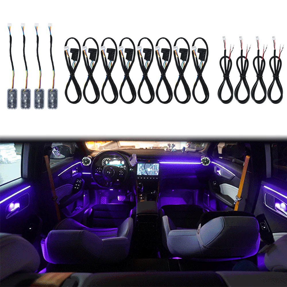 

12V RGB Lights 64 Color LED Strips Acrylic Fiber Optic Car Interior Ambient Lamps Door Dashboard Foot Decorative Smart Bluetooth