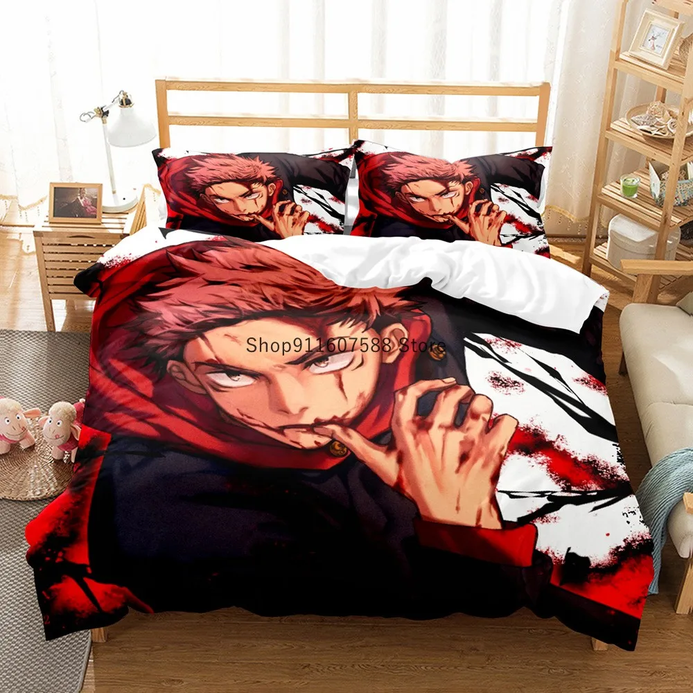 Комплект постельного белья Japanese Anime Jujutsu Kaisen размеров Queen, King и Double с наволочками и декоративными элементами для детей из мягких текстильных материалов.