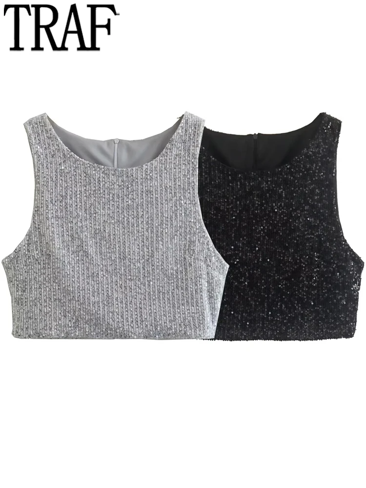 

Кроп-Топ женский серебристый, черный, блестящий, без рукавов