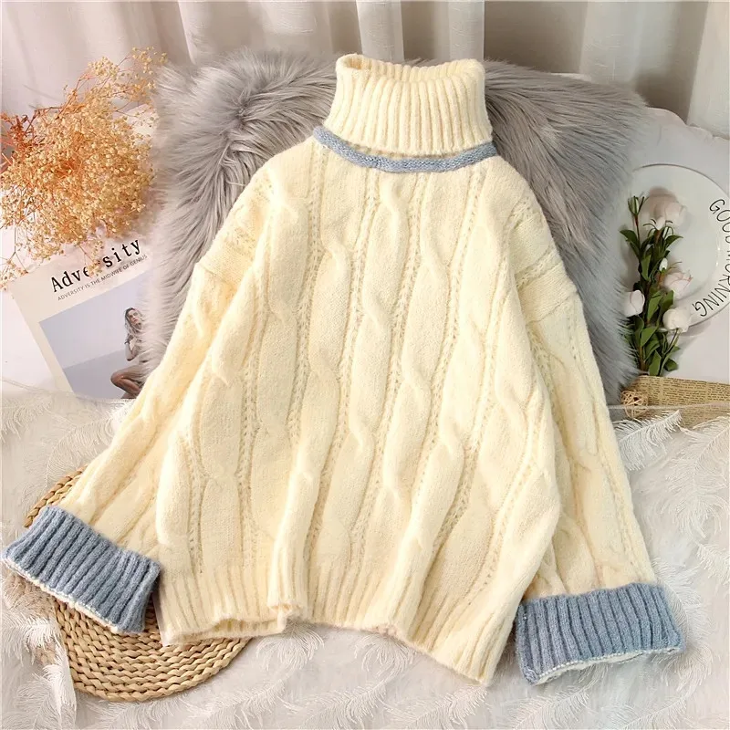 

Korean Women Contrast Color Twist Turtleneck Knit Pullover Sweater Spring Autumn Casual Warm Ladies Knitwear Jumper Sueter Mujer