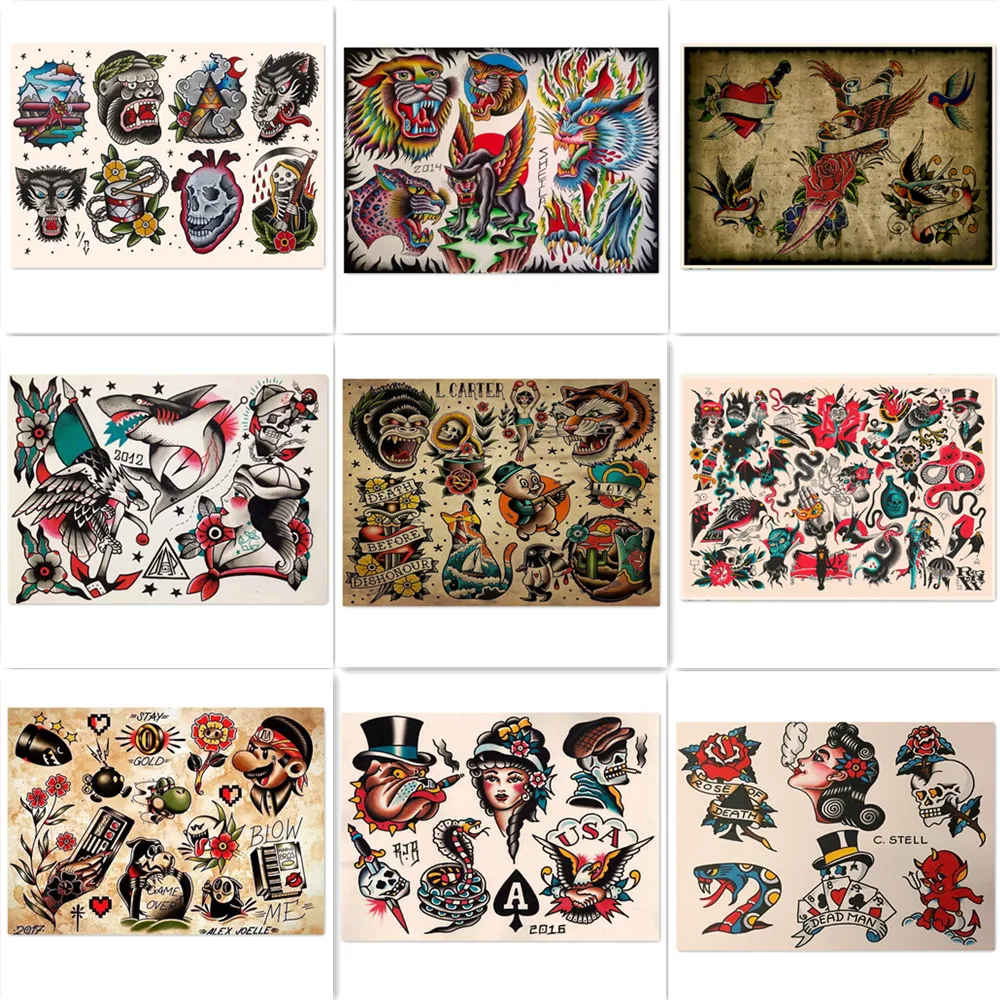 

Винтажные картины с татуировками, настенные художественные плакаты и принты, ретро постер из крафт-бумаги, картина, настенная наклейка, рис...