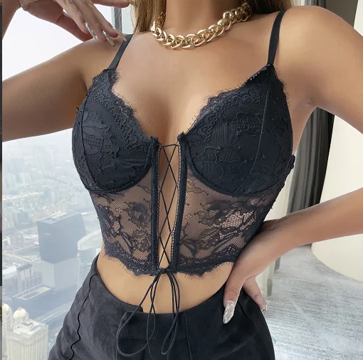 

Sexy lace wrap top chest tie short embroidered hollow navel sling vest bra female open back slim fishbone fairy tank top women